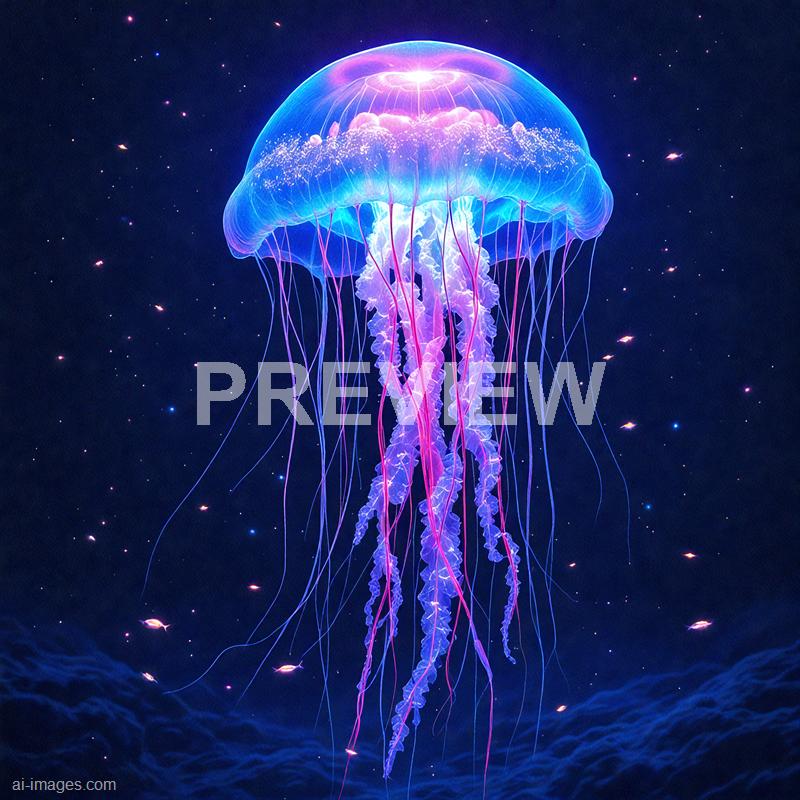 A glowing, bioluminescent jellyfish floats in the dark expanse of the ocean, its translucent bell illuminated with vibrant shades of blue, purple, and pink. Long, delicate tentacles trail beneath it, shimmering with iridescent light and gently flowing with the water. The background is a deep, starry night sky, creating a surreal, otherworldly scene that blends marine life with cosmic elements.